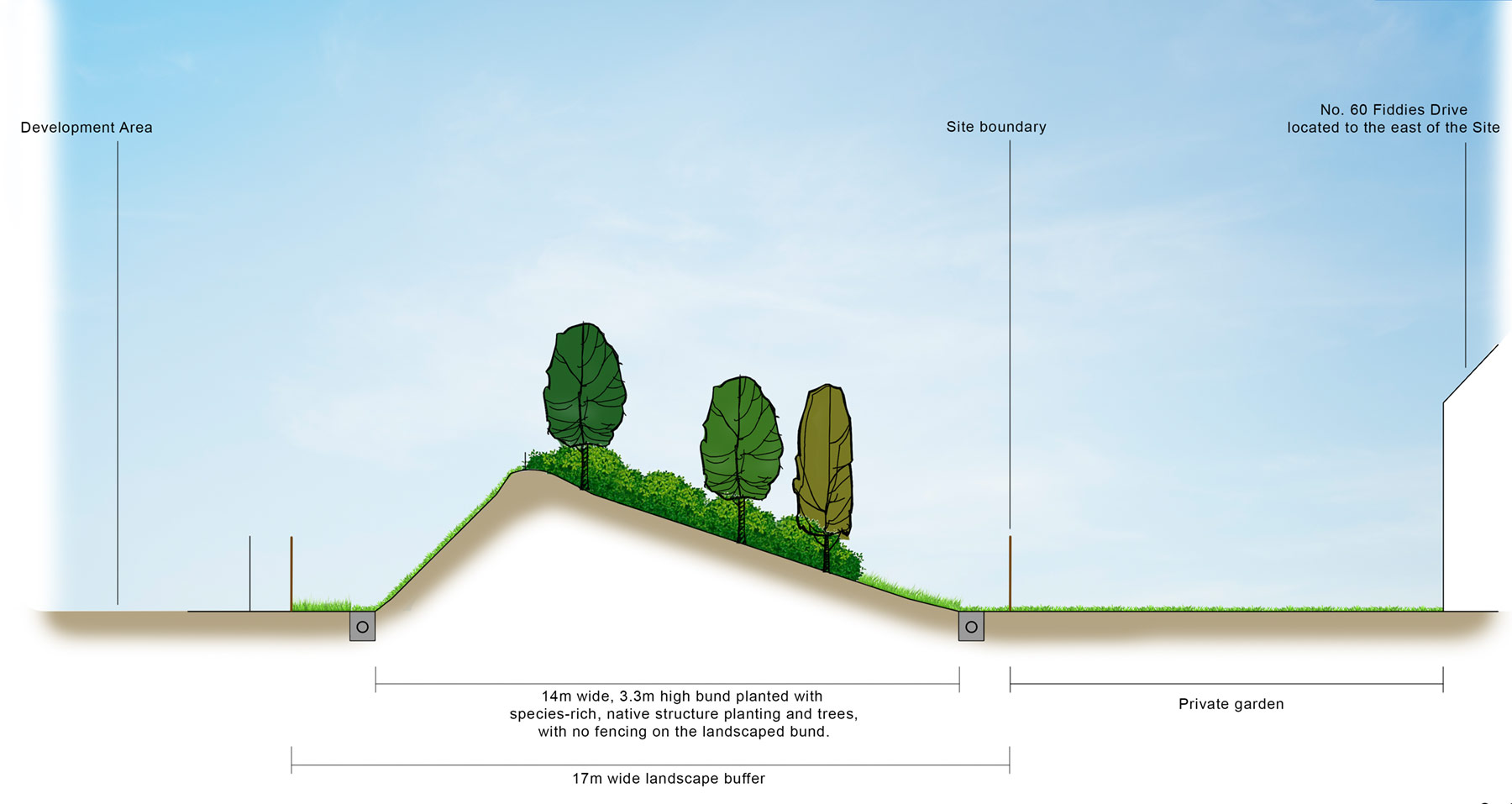 Cross-section drawing of the proposed landscape bunding proposed for the northern and eastern boundaries (Fiddies Drive shown here). Showing expected planting growth at 1 year